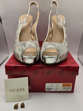 GUESS Metallic Silver Snake-Embossed Peep-Toe Slingback Heels With Box